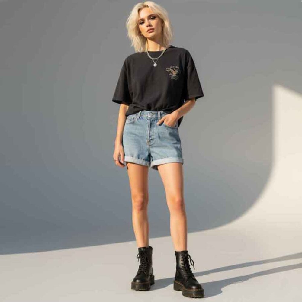 TOPSHOP ROLL CUFF HIGH RISE DENIM MOM SHORTS - Picture 2 of 8